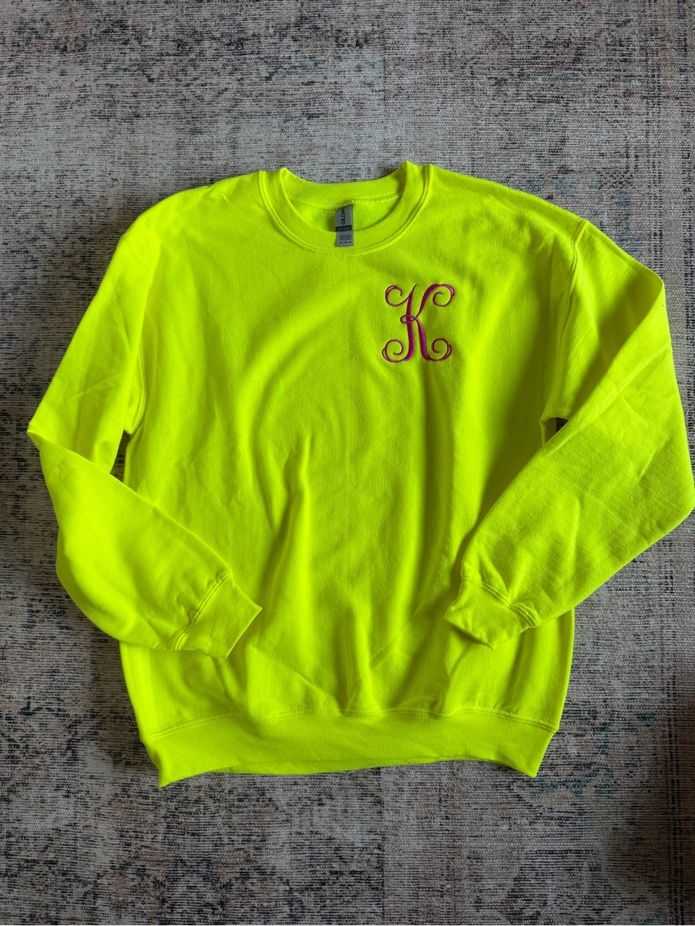Gildan Neon Yellow Crewneck Sweatshirt with Pink Monogram K